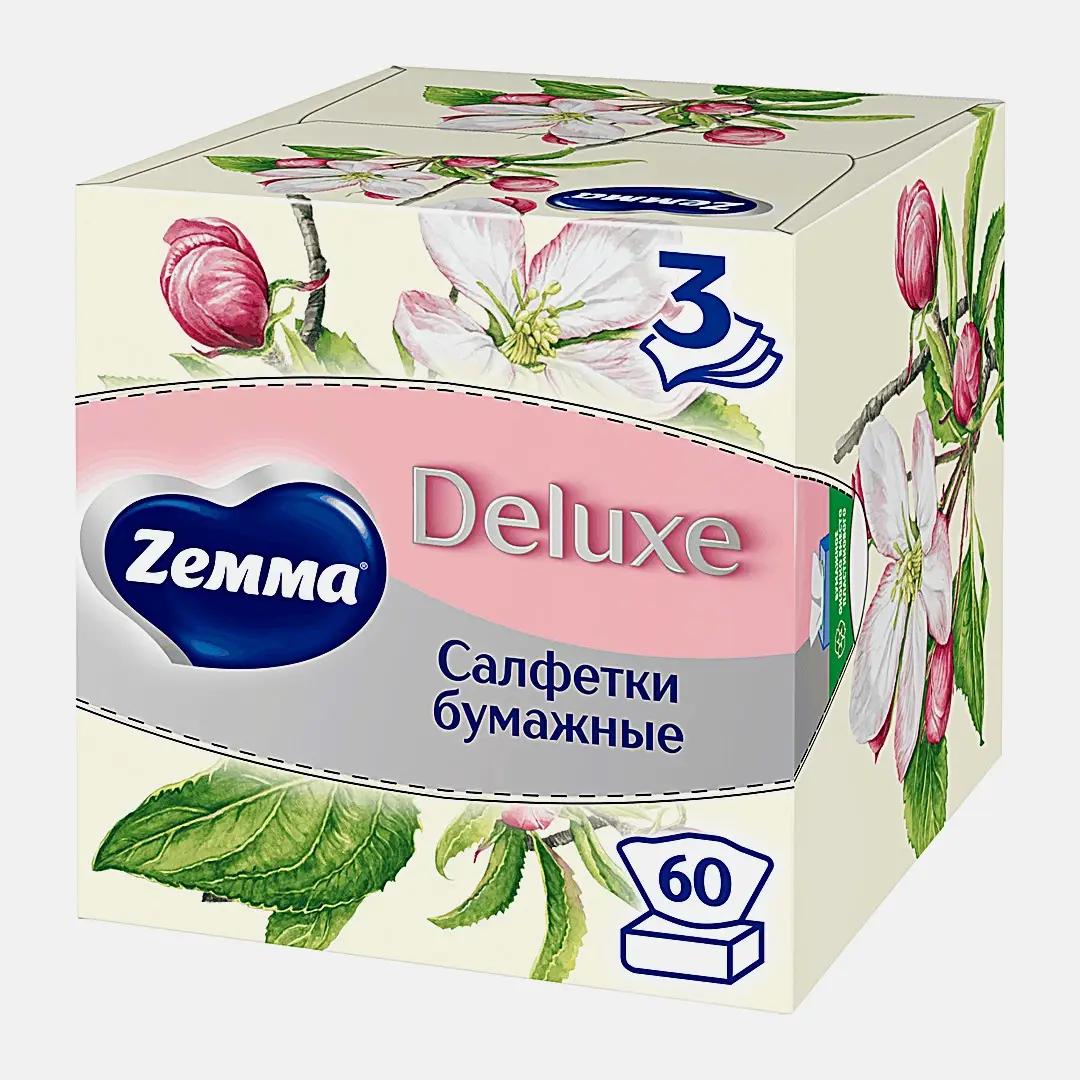 Салфетки бумажные в коробке Zemma Deluxe Арома Коллекция 3 слоя 60шт в ассортименте