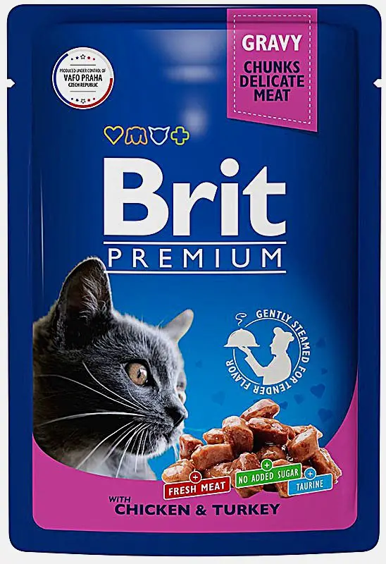 Изображение товара Влажный корм для кошек Brit цыпленок-индейка в соусе жидкий 85г