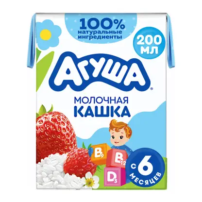 Изображение товара Каша жидкая молочная рисовая яблоко-земляника-клубника с 6 месяцев Агуша 200мл