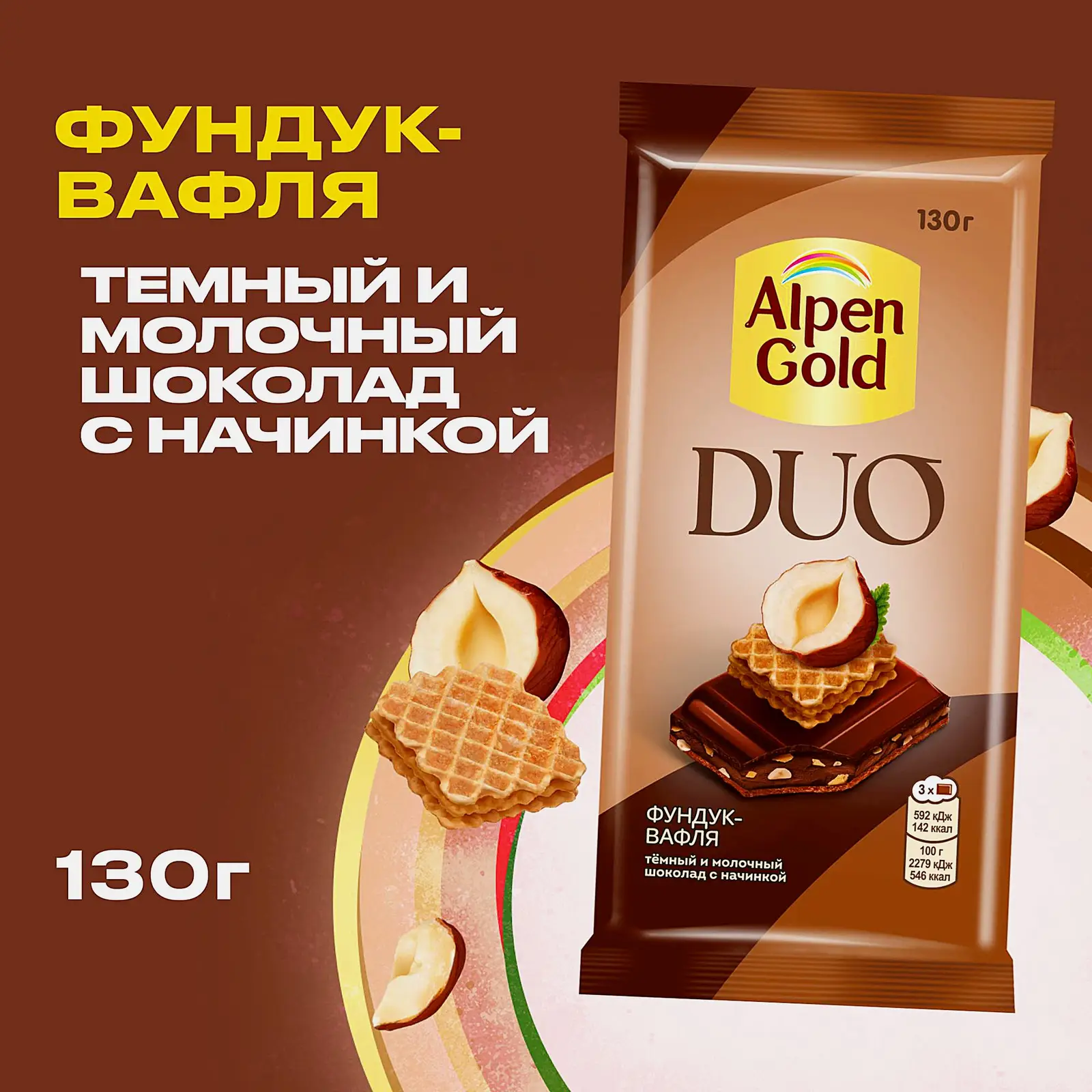 Шоколад темный и молочный с начинкой фундук-вафля Alpen Gold Duo 130г - фото 2 Шоколад темный и молочный с начинкой фундук-вафля Alpen Gold Duo 130г - фото 2