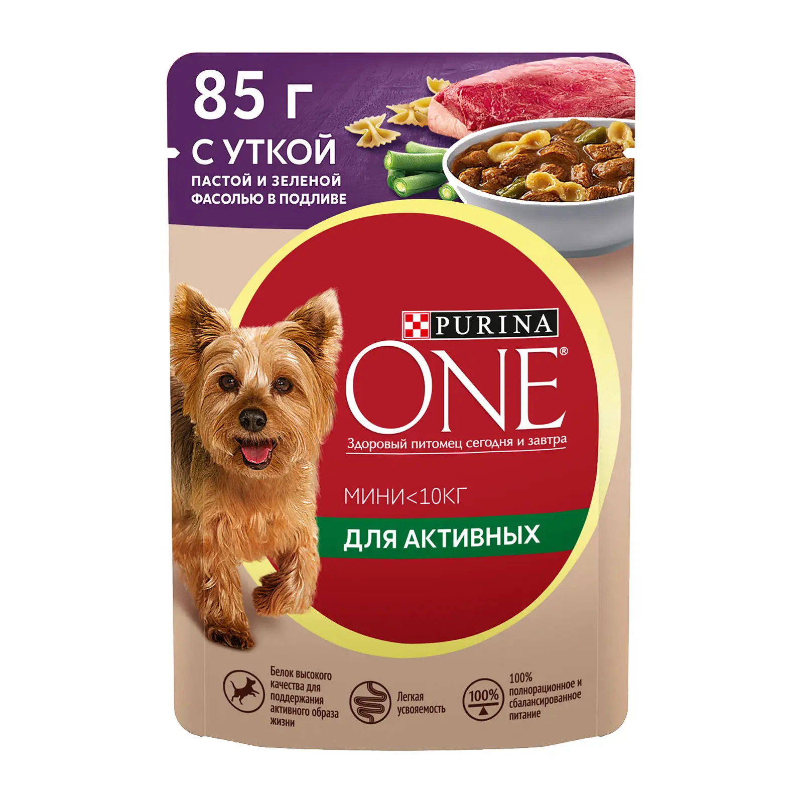 Влажный корм для собак Purina One Mini при активном образе жизни с уткой и  пастой в соусе 85г — в каталоге на сайте сети Магнит | Краснодар