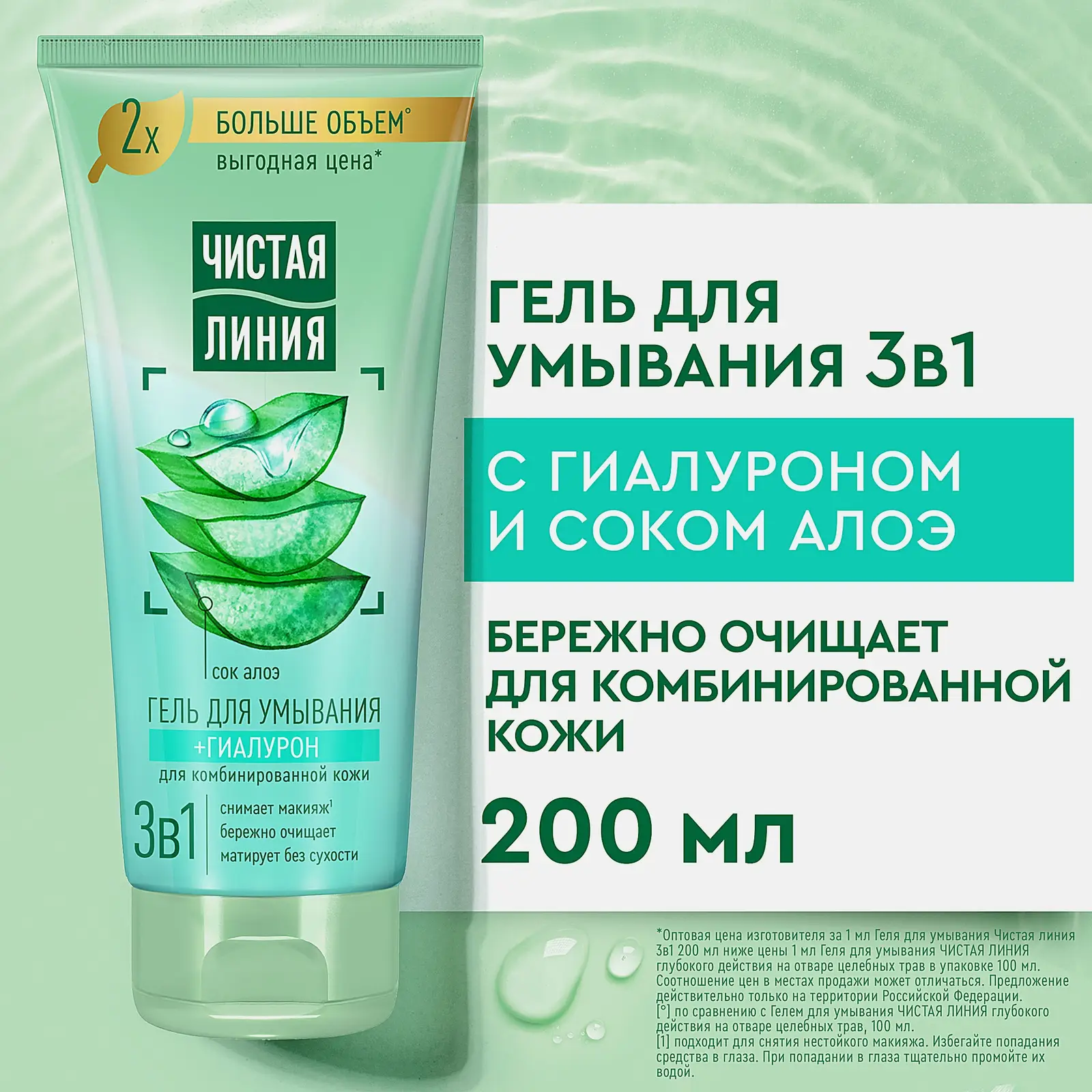 Гель для умывания 3в1 с гиалуроном для комбинированной кожи Чистая линия 200мл