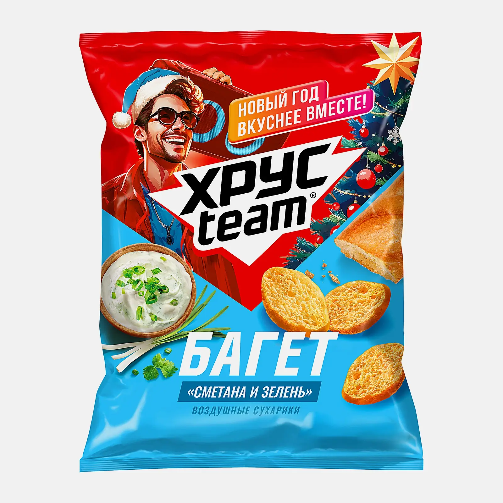 Изображение товара Сухарики Хрусteam Багет Сметана и зелень 100г воздушная закуска хрустящие