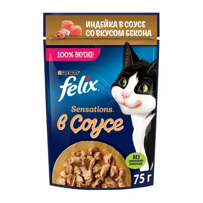 Изображение товара Влажный корм для взрослых кошек Felix Sensations с индейкой в соусе со вкусом бекона 75г