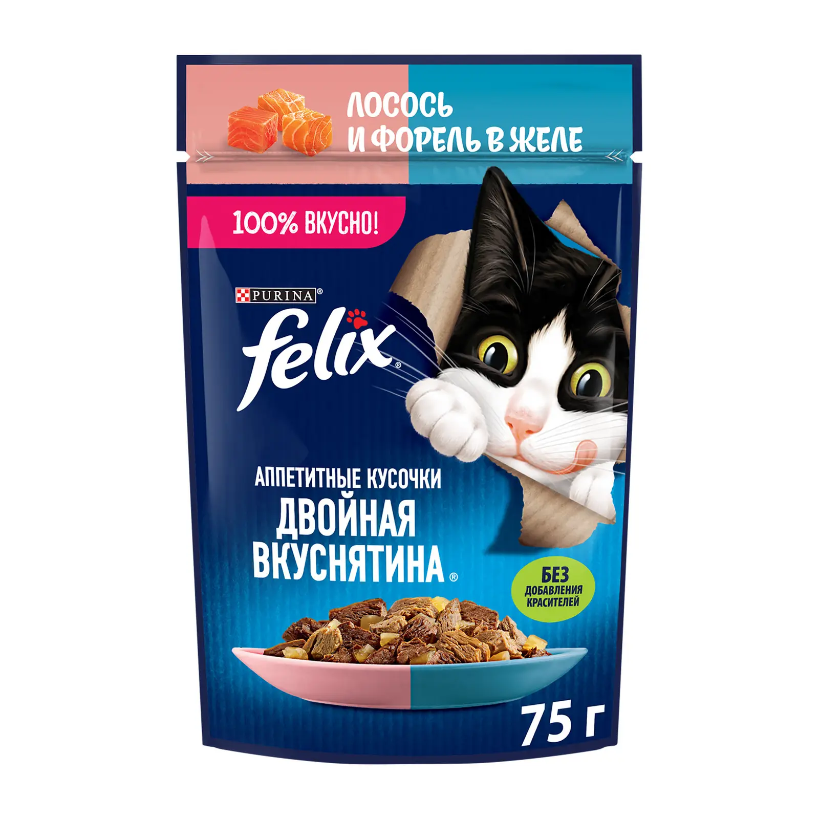 Влажный корм для кошек Felix Двойная вкуснятина с лососем и форелью в желе 75г