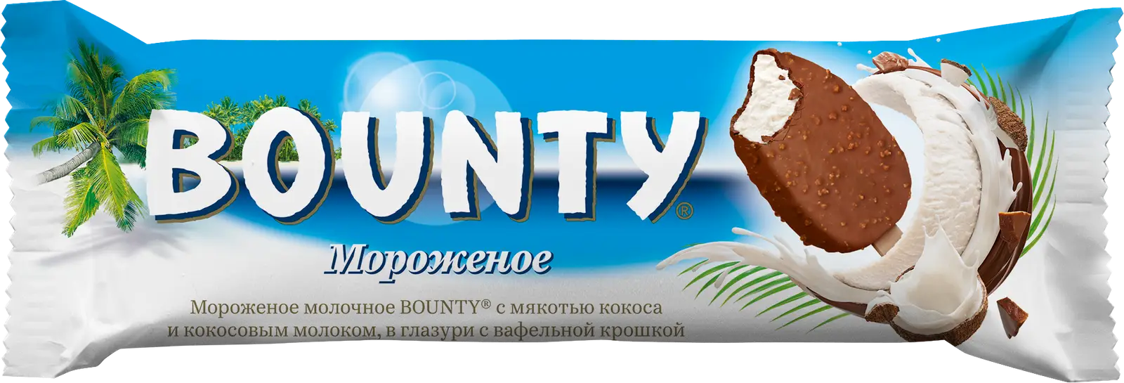 Мороженое Bounty эскимо молочное кокос в глазури с вафельной крошкой 60г -  Магнит-Продукты