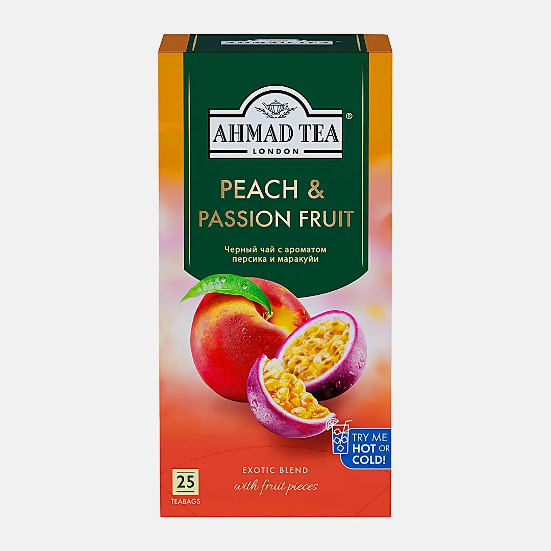 Изображение товара Чай черный Ahmad Tea Персик-Маракуйя, 25 пакетиков высокого качества Изображение товара Чай черный Ahmad Tea Персик-Маракуйя, 25 пакетиков высокого качества