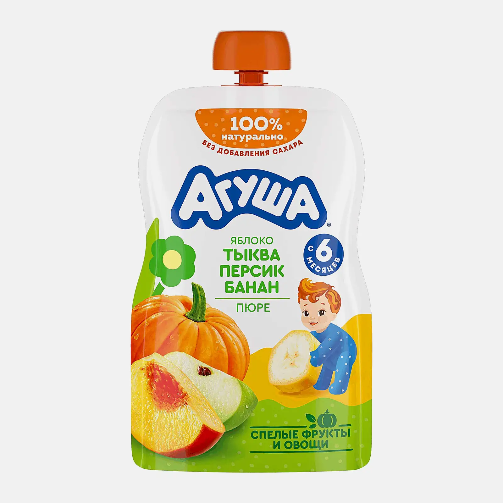 Изображение товара Детское фруктово-овощное пюре Агуша Яблоко-тыква-персик-банан с 6 месяцев 90г