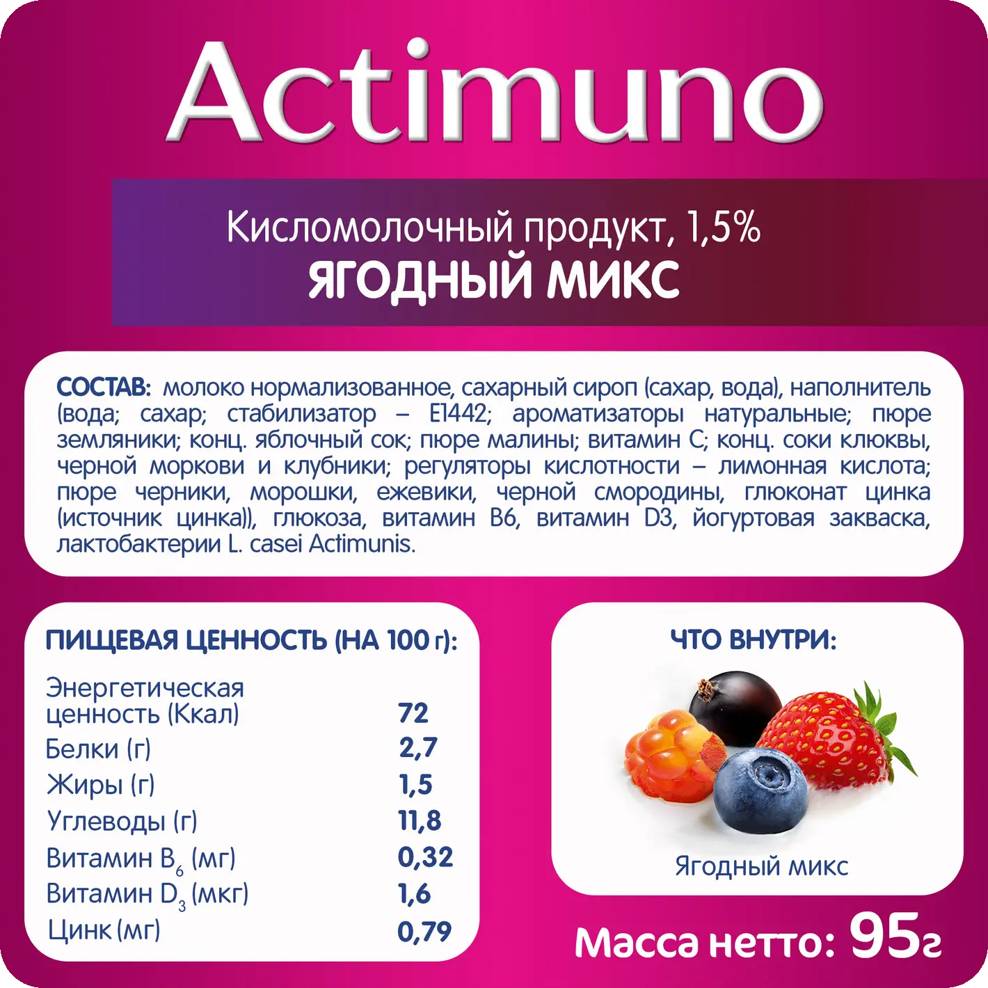 Кисломолочный продукт Актимуно цинк Ягодный микс 1.5% 95г — в каталоге на  сайте сети Магнит | Краснодар