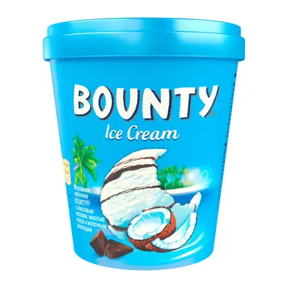 Изображение товара Мороженое Bounty молочное с кокосовым молоком мякотью кокоса и молочным шоколадом ведро 272г