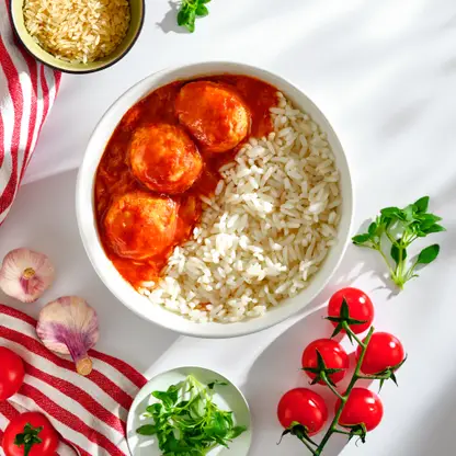 Изображение товара Фрикадельки в томатном соусе с рисом 300г