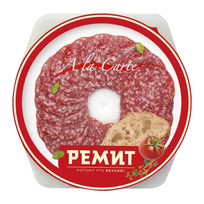 Изображение товара Колбаса Ремит Salame сырокопченая нарезка в тарелке 80г
