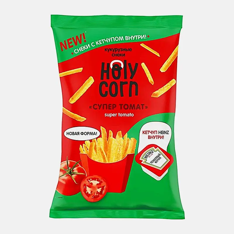 Изображение товара Кукурузные снеки Holy Corn Томаты с соусом внутри 30г натуральный перекус