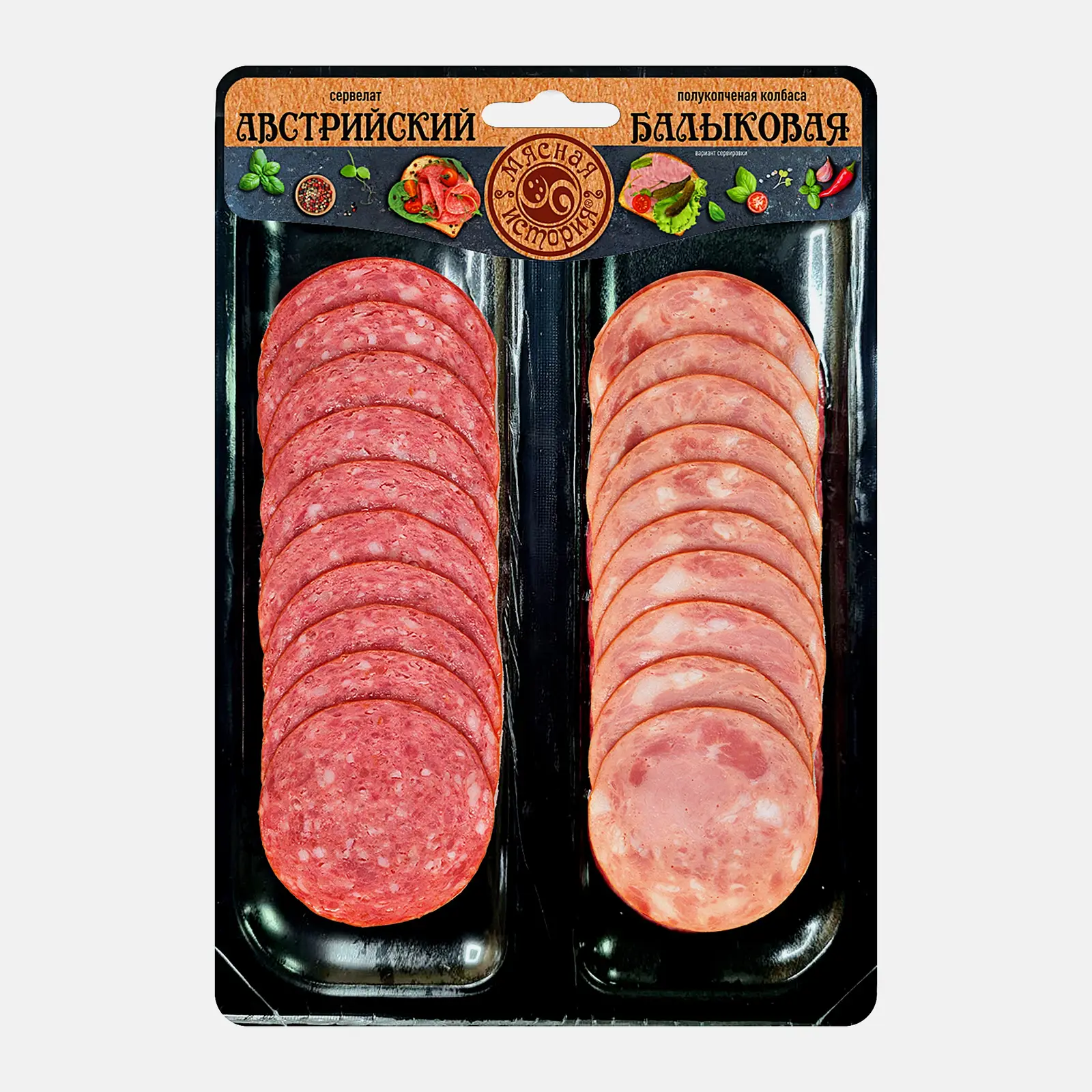 Изображение товара Мясная деликатесная колбаса и сервелат Мясная История 90г природа и качество