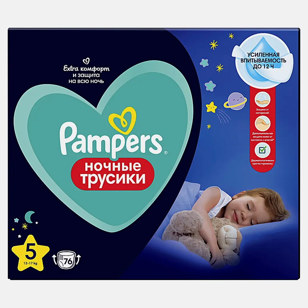 Ночные трусики р.5 12-17кг Junior Pampers 76шт