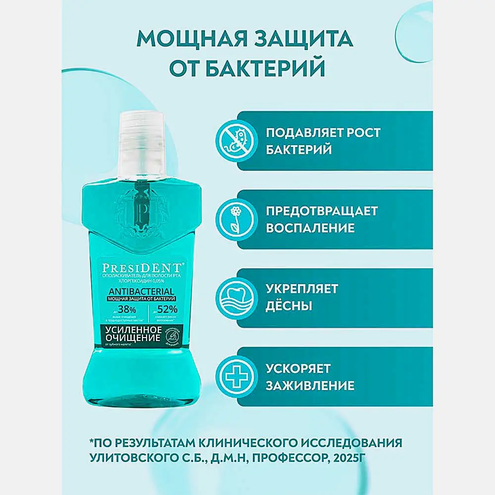 Ополаскиватель для полости рта Antibacterial President 400мл - фото 4 Ополаскиватель для полости рта Antibacterial President 400мл - фото 4