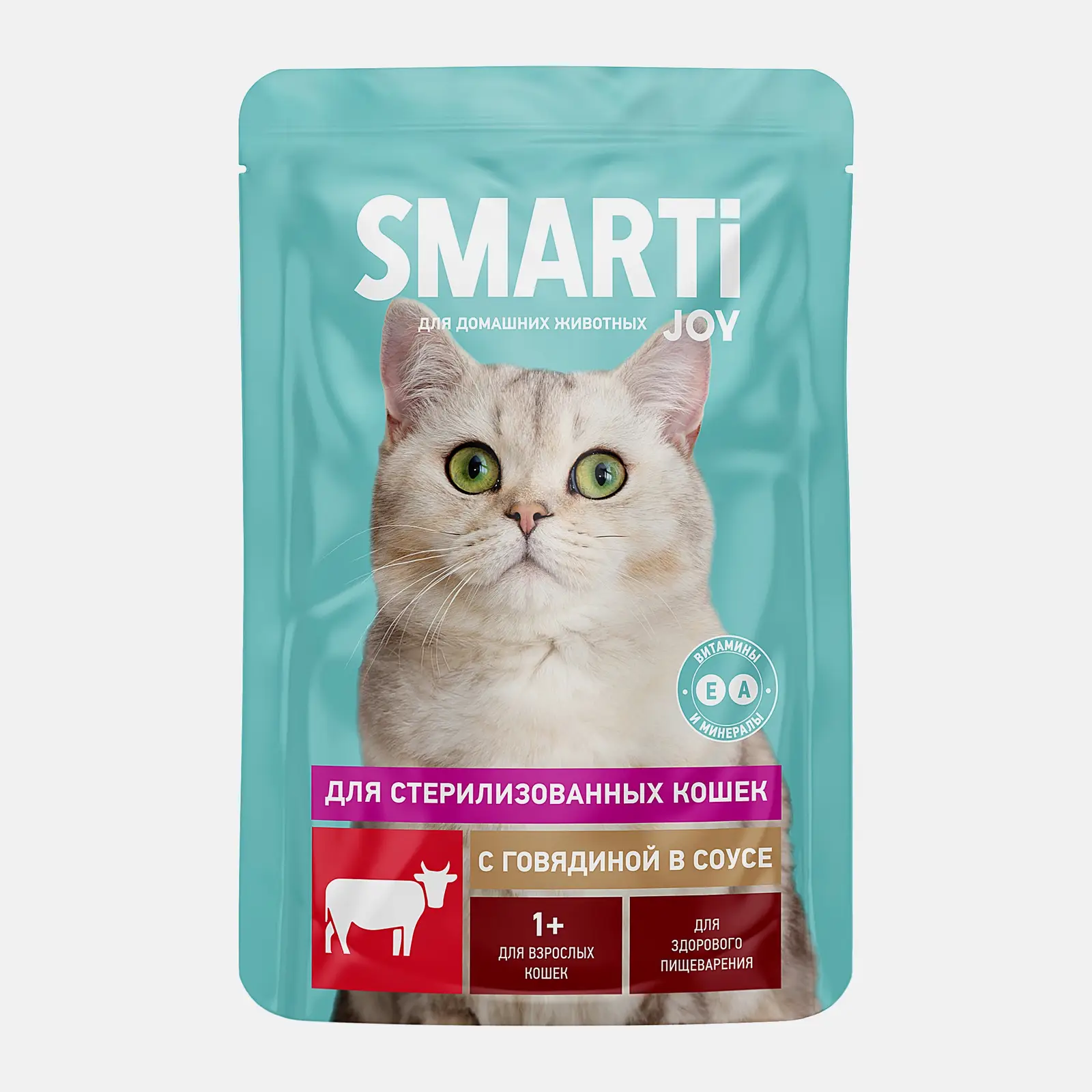 Изображение товара Влажный корм для стерилизованных кошек с говядиной в соусе Smarti Joy 75г