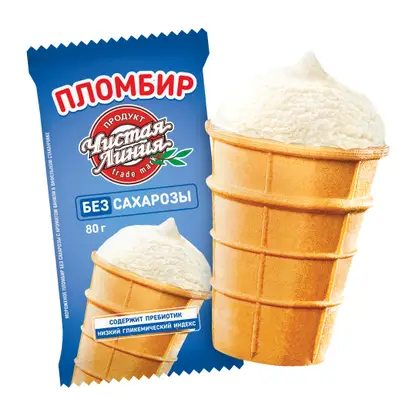 Изображение товара Мороженое пломбир без сахарозы в вафельном стакане Чистая Линия 80г