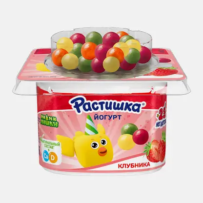 Йогурт с клубникой и злаковыми драже со вкусом банан-апельсин Растишка 3% 116г