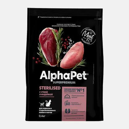 Сухой корм для стерилизованных кошек с уткой и индейкой Alphapet Superpremium 400г