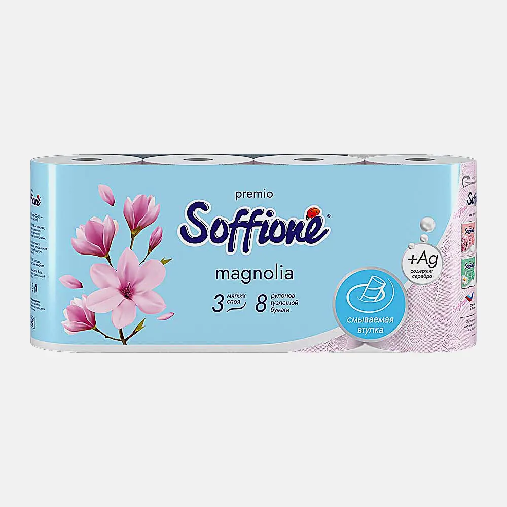 Туалетная бумага Soffione Premio Магнолия 3 слоя 8 рулонов Туалетная бумага Soffione Premio Магнолия 3 слоя 8 рулонов