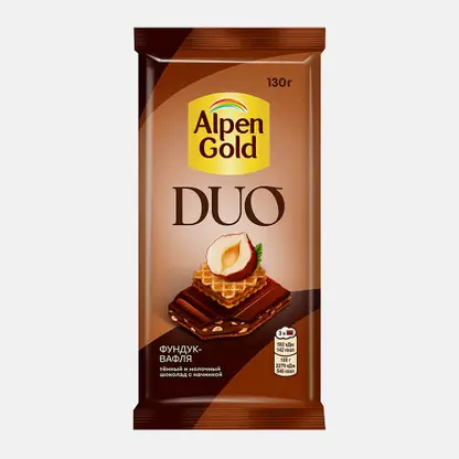 Шоколад темный и молочный с начинкой фундук-вафля Alpen Gold Duo 130г