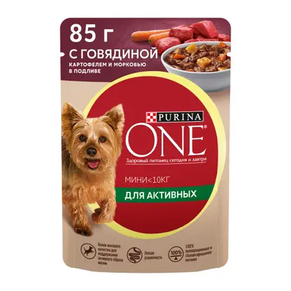 Изображение товара Влажный корм Purina One Мини Активная для взрослых собак мелких и карликовых пород с говядиной картофелем и морковью в подливе 85г
