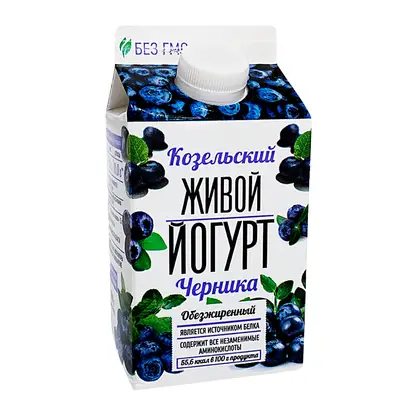 Изображение товара Обезжиренный йогурт с черникой Козельское Молоко 450г Изображение товара Обезжиренный йогурт с черникой Козельское Молоко 450г