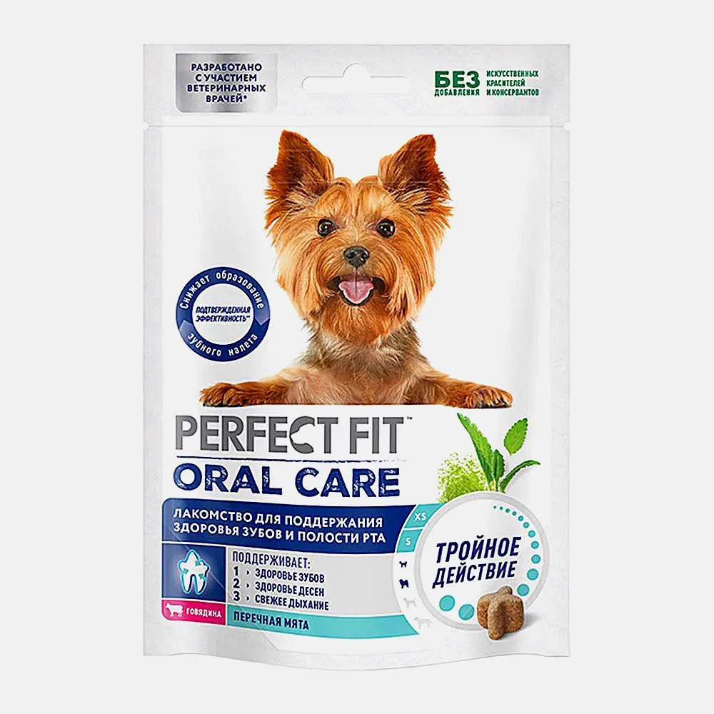 Лакомство для собак Oral care для здоровья зубов с говядиной и мятой Perfect Fit 90г Лакомство для собак Oral care для здоровья зубов с говядиной и мятой Perfect Fit 90г