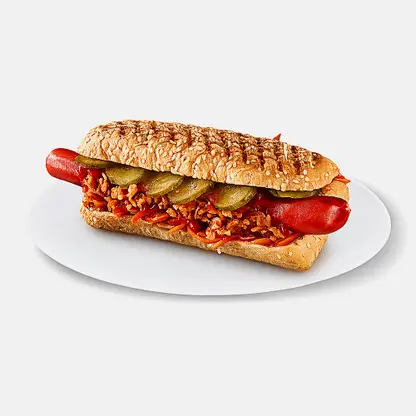 Хот-дог с сосиской из мяса говядины на зерновой булочке 180г