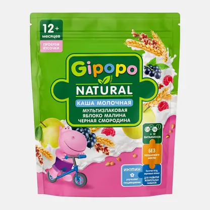 Каша детская Gipopo молочная Мультизлаковая Яблоко-малина-черная смородина 200г
