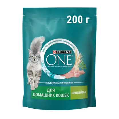 Изображение товара Сухой корм Purina One для взрослых кошек живущих в домашних условиях с высоким содержанием индейки и цельными злаками 200г