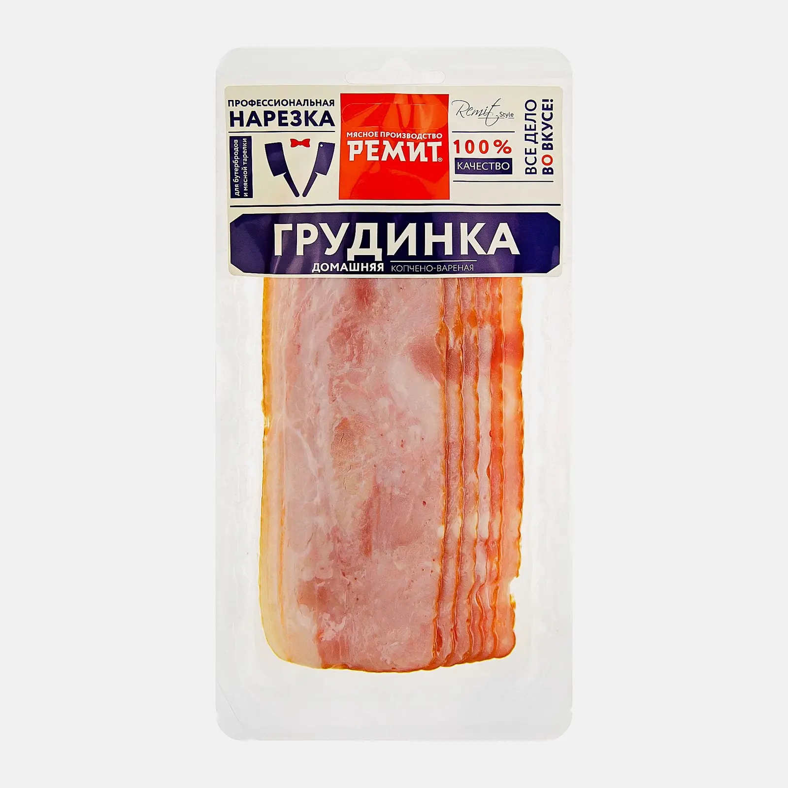 Изображение товара Грудинка Ремит Домашняя копчено-вареная нарезка 150 г мясная деликатесная