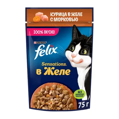 Изображение товара Влажный корм для взрослых кошек Felix Sensations с курицей в желе с морковью 75г