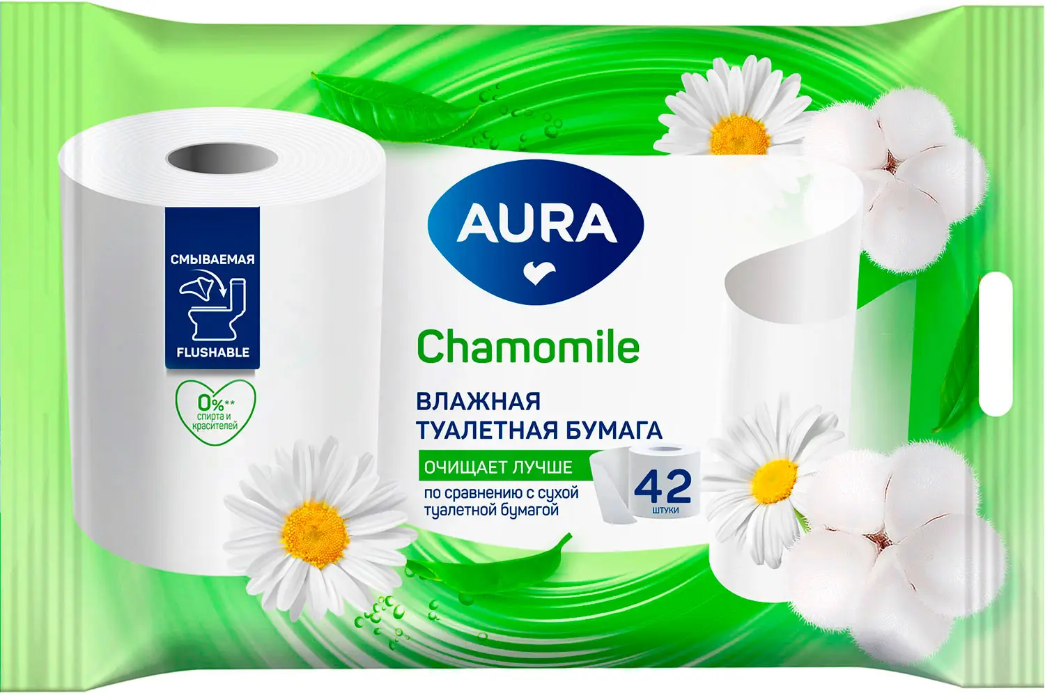 Изображение товара Влажная туалетная бумага Aura 42 шт с экстрактом ромашки мягкое очищение и свежесть