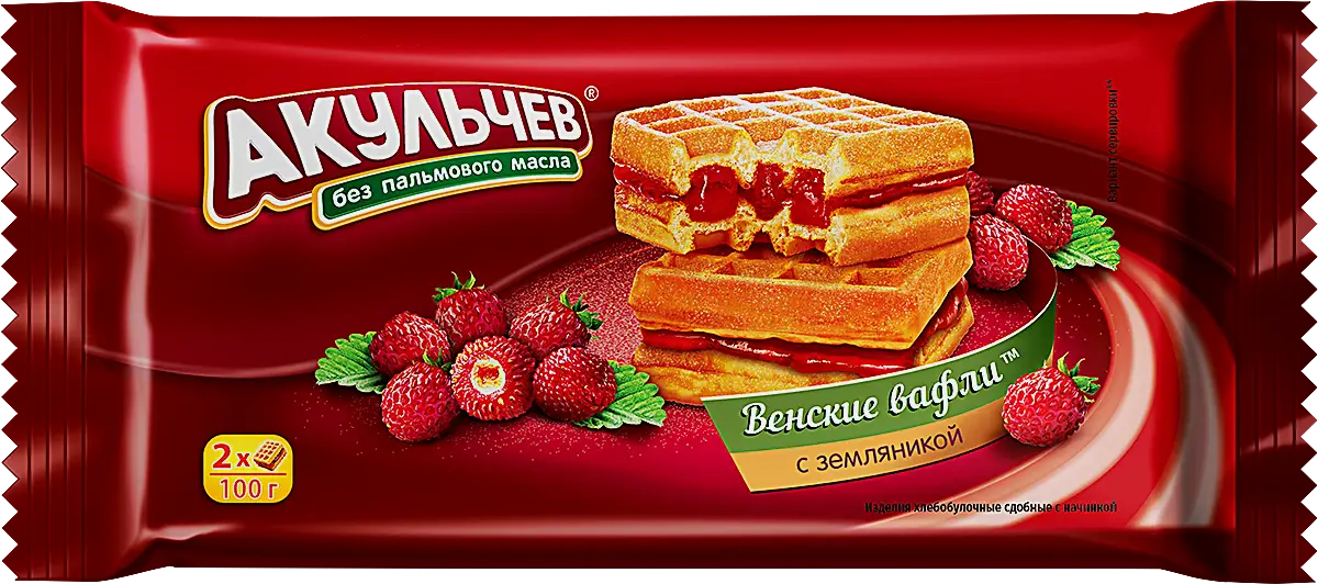 Изображение товара Вафли Акульчев Венские с земляникой 100г - мягкий десерт с ягодным вкусом