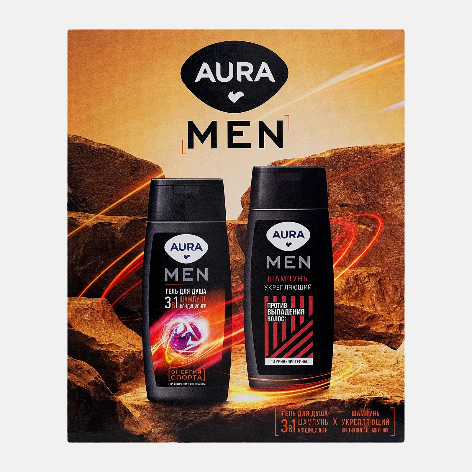 Изображение товара Подарочный набор для мужчин Aura Men Гель для душа 3в1 250мл + Шампунь для волос Укрепляющий 250мл в ассортименте