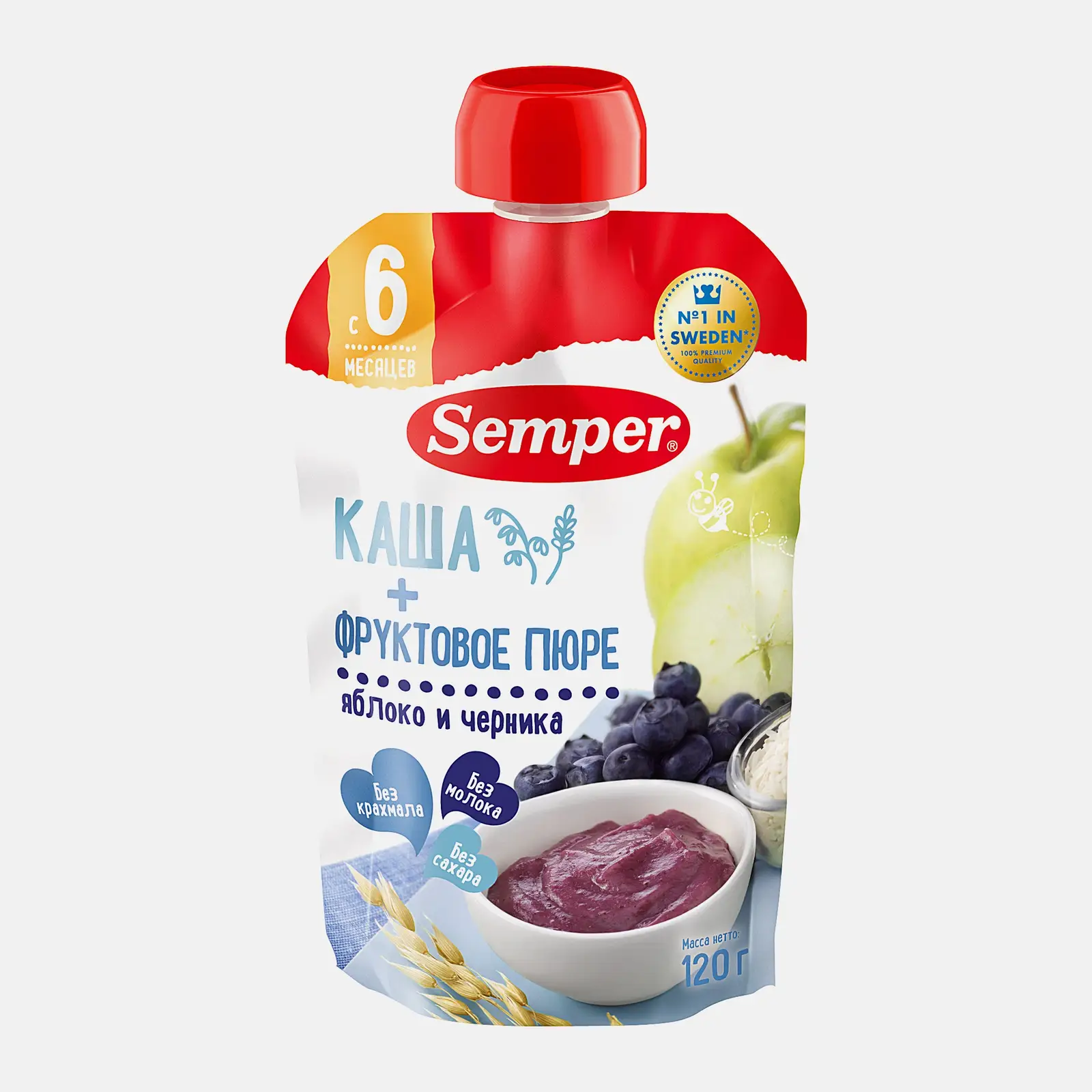 Изображение товара Фруктовое пюре Semper яблоко черника и злаки с 6 месяцев 120г