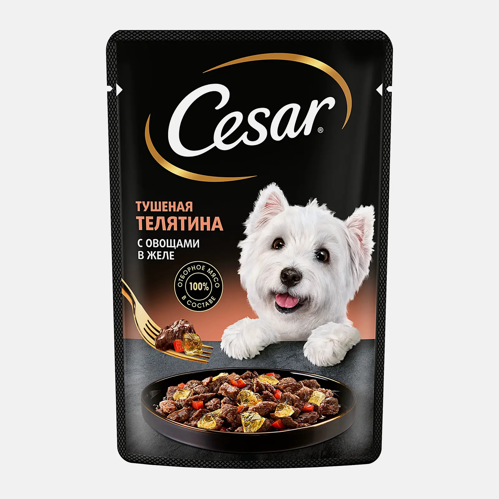 Изображение товара Влажный корм для собак Cesar с тушеной телятиной и овощами в желе 85г