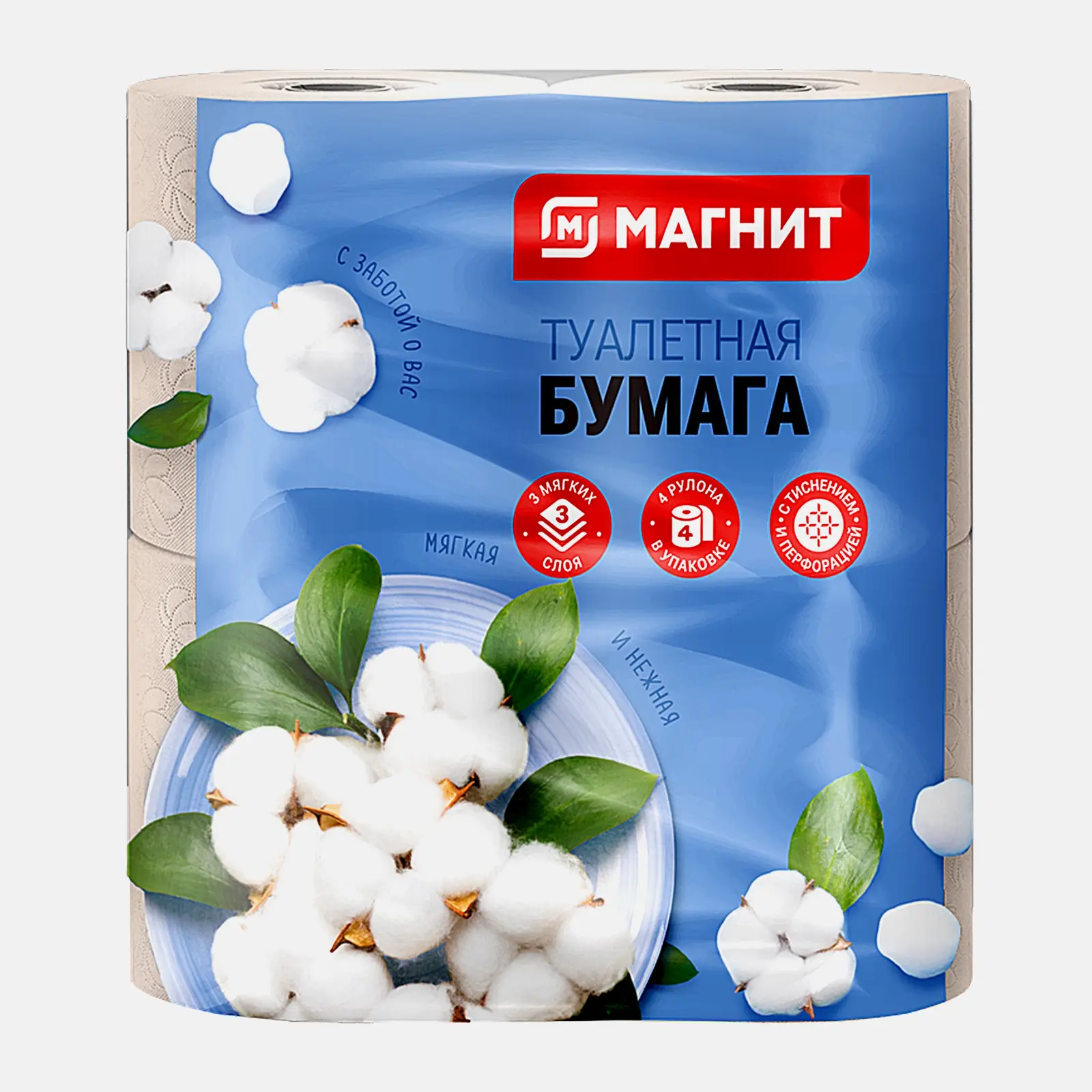 Изображение товара Туалетная бумага Магнит белая 3 слоя 4 рулона - высококачественная и мягкая
