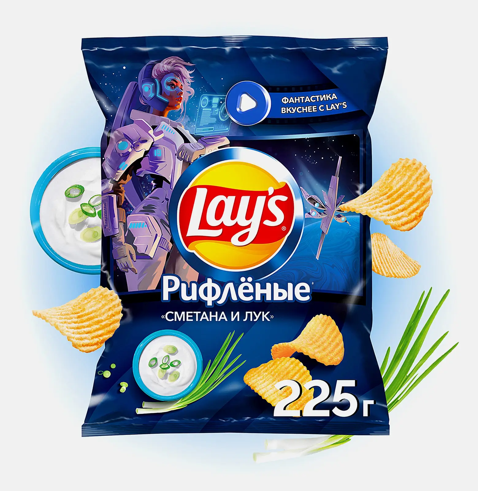 Изображение товара Чипсы Lays Рифлёные Сметана и лук 225г вкусная закуска для любого случая