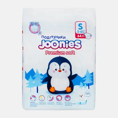 Подгузники Joonies Premium Soft р.S 3-6 кг 64шт