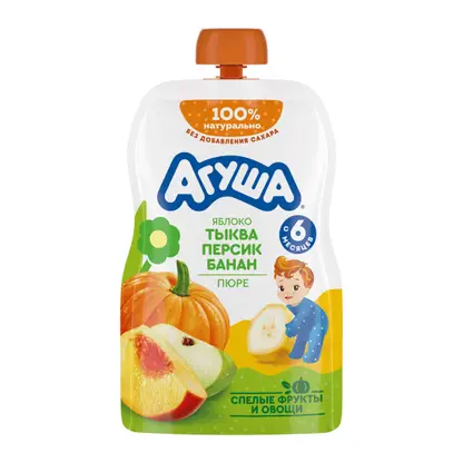 Изображение товара Детское фруктово-овощное пюре Агуша Яблоко-тыква-персик-банан с 6 месяцев 90г