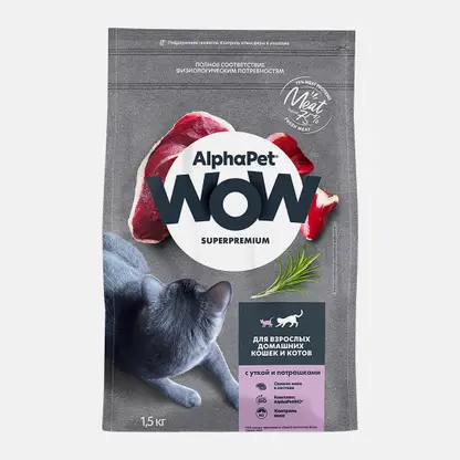 Сухой корм для кошек с уткой и потрошками Alphapet Wow 1.5кг