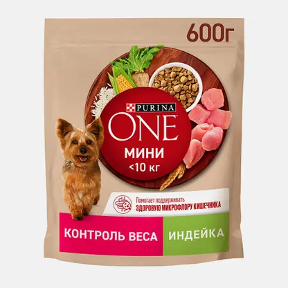 Сухой корм для собак мини пород склонных к набору веса с индейкой и рисом Purina ONE 600г