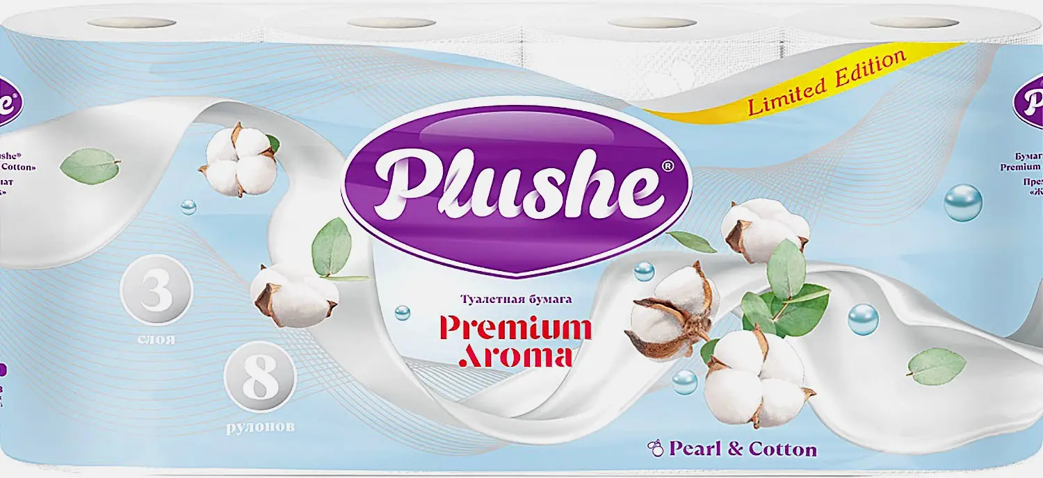 Туалетная бумага Plushe Premium Aroma Жемчуг и хлопок/Голубой пион/Черника 3 слоя 8 рулонов в ассортименте
