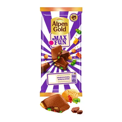 Изображение товара Шоколад Alpen Gold Max Fun Взрывная карамель мармелад печенье 140г