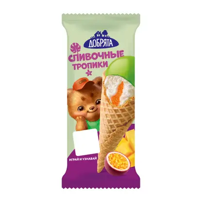 Изображение товара Мороженое Добрята рожок пломбир с ароматом ванили с джемом Манго в глазури 12% 65г