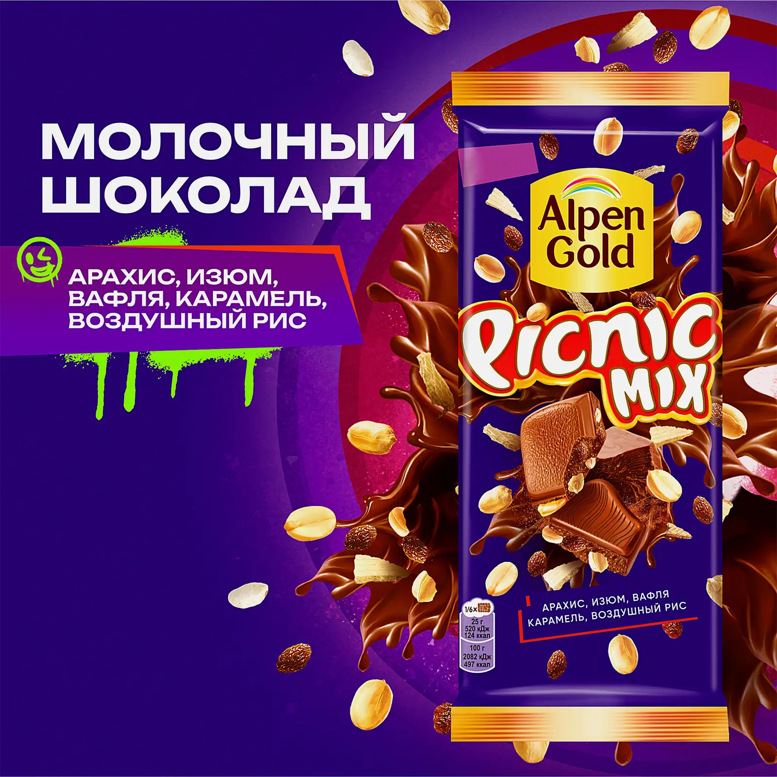 Молочный шоколад с арахисом и изюмом начинкой из мягкой карамели вафель и воздушного риса Alpen Gold Picnic 130г - фото 2