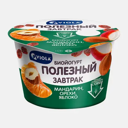 Биойогурт Полезный завтрак с мандарином, яблоком, изюмом и фундуком Viola 5% 180г